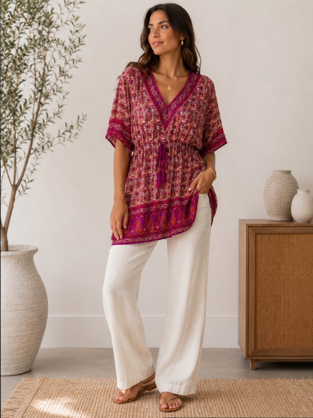 Printed V-Neck Boho Tunic Top in Magenta